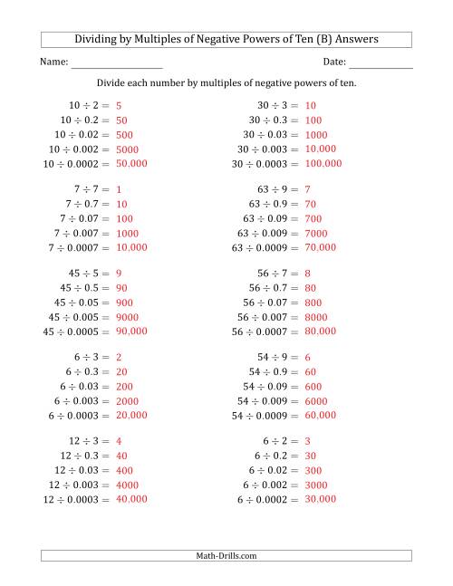 The Learning to Divide Numbers (Quotients Range 1 to 10) by Multiples of Negative Powers of Ten in Standard Form (B) Math Worksheet Page 2