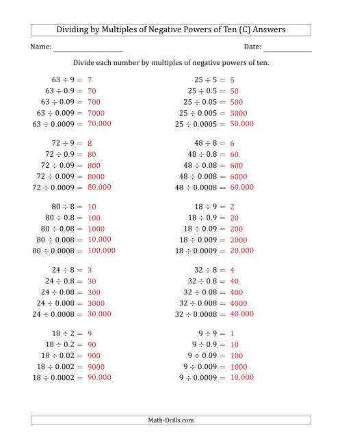 The Learning to Divide Numbers (Quotients Range 1 to 10) by Multiples of Negative Powers of Ten in Standard Form (C) Math Worksheet Page 2