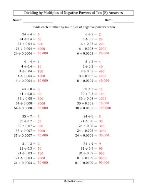 The Learning to Divide Numbers (Quotients Range 1 to 10) by Multiples of Negative Powers of Ten in Standard Form (E) Math Worksheet Page 2