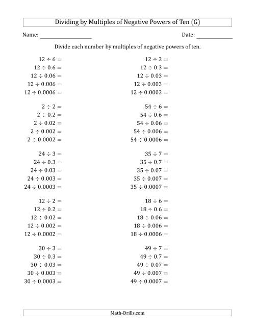 The Learning to Divide Numbers (Quotients Range 1 to 10) by Multiples of Negative Powers of Ten in Standard Form (G) Math Worksheet