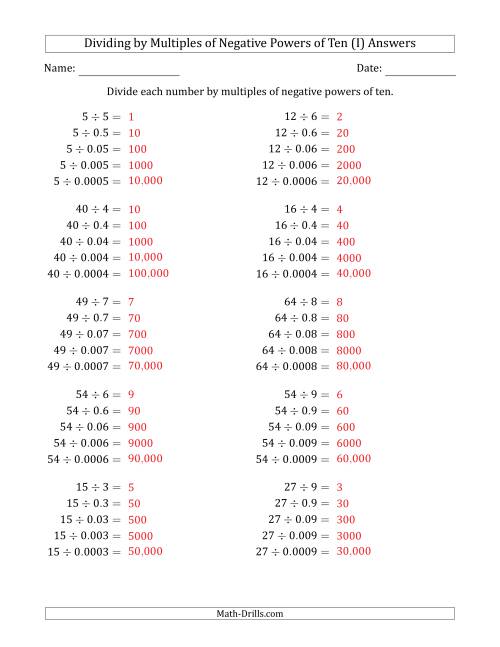 The Learning to Divide Numbers (Quotients Range 1 to 10) by Multiples of Negative Powers of Ten in Standard Form (I) Math Worksheet Page 2