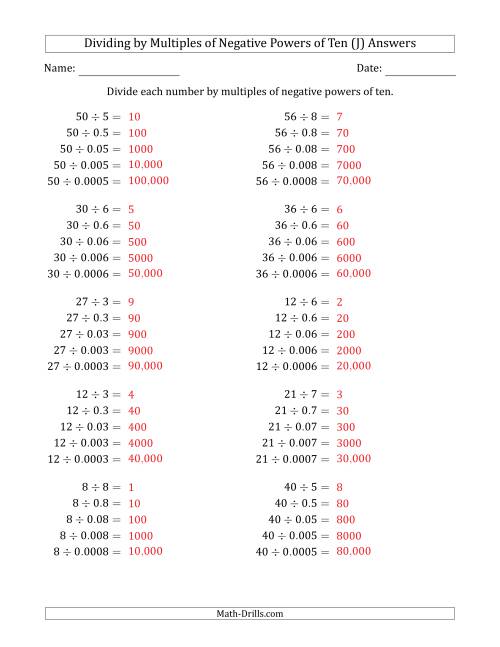 The Learning to Divide Numbers (Quotients Range 1 to 10) by Multiples of Negative Powers of Ten in Standard Form (J) Math Worksheet Page 2