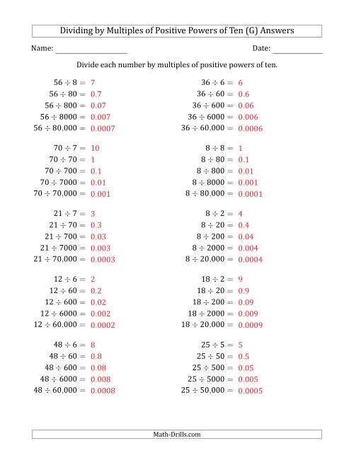 The Learning to Divide Numbers (Quotients Range 1 to 10) by Multiples of Positive Powers of Ten in Standard Form (G) Math Worksheet Page 2