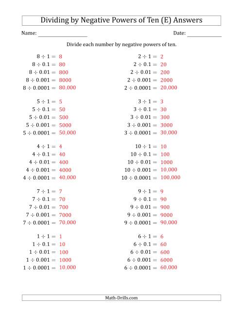 The Learning to Divide Numbers (Range 1 to 10) by Negative Powers of Ten in Standard Form (E) Math Worksheet Page 2