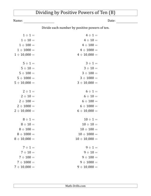 The Learning to Divide Numbers (Range 1 to 10) by Positive Powers of Ten in Standard Form (B) Math Worksheet