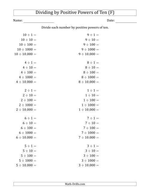 The Learning to Divide Numbers (Range 1 to 10) by Positive Powers of Ten in Standard Form (F) Math Worksheet
