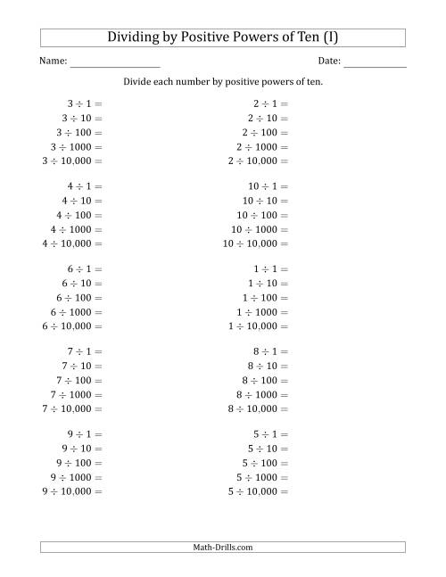 The Learning to Divide Numbers (Range 1 to 10) by Positive Powers of Ten in Standard Form (I) Math Worksheet