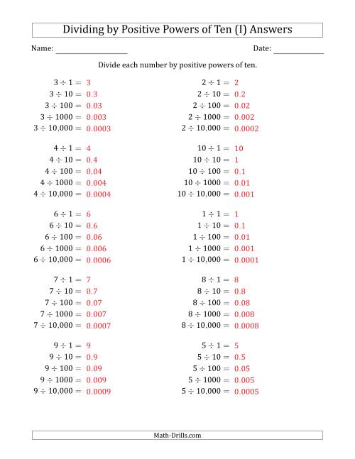 The Learning to Divide Numbers (Range 1 to 10) by Positive Powers of Ten in Standard Form (I) Math Worksheet Page 2