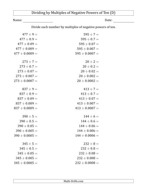 The Learning to Divide Numbers (Quotients Range 10 to 99) by Multiples of Negative Powers of Ten in Standard Form (D) Math Worksheet