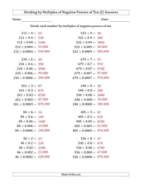 The Learning to Divide Numbers (Quotients Range 10 to 99) by Multiples of Negative Powers of Ten in Standard Form (I) Math Worksheet Page 2