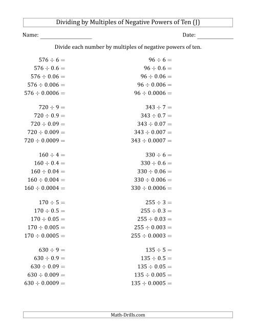 The Learning to Divide Numbers (Quotients Range 10 to 99) by Multiples of Negative Powers of Ten in Standard Form (J) Math Worksheet