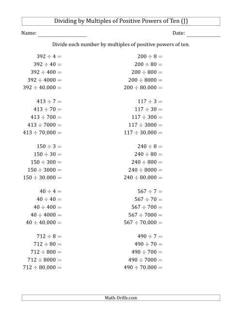 The Learning to Divide Numbers (Quotients Range 10 to 99) by Multiples of Positive Powers of Ten in Standard Form (J) Math Worksheet