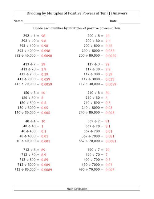 The Learning to Divide Numbers (Quotients Range 10 to 99) by Multiples of Positive Powers of Ten in Standard Form (J) Math Worksheet Page 2