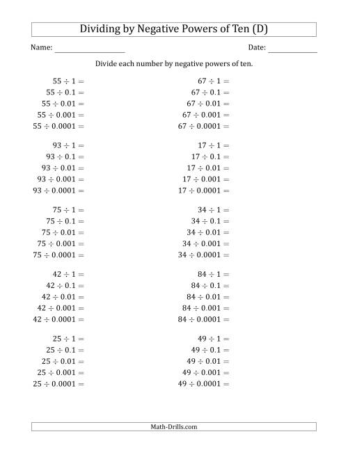 The Learning to Divide Numbers (Range 10 to 99) by Negative Powers of Ten in Standard Form (D) Math Worksheet