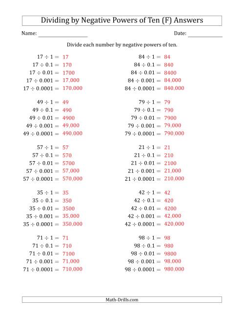The Learning to Divide Numbers (Range 10 to 99) by Negative Powers of Ten in Standard Form (F) Math Worksheet Page 2