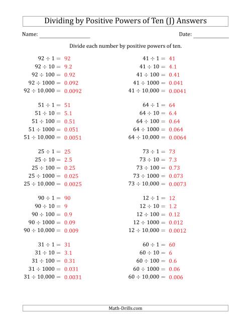 The Learning to Divide Numbers (Range 10 to 99) by Positive Powers of Ten in Standard Form (J) Math Worksheet Page 2