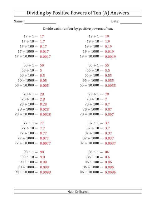 The Learning to Divide Numbers (Range 10 to 99) by Positive Powers of Ten in Standard Form (All) Math Worksheet Page 2