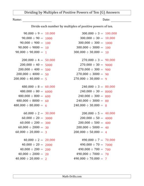 The Learning to Divide Numbers (Quotients Range 1 to 10) by Multiples of Positive Powers of Ten in Standard Form (Whole Number Answers) (G) Math Worksheet Page 2