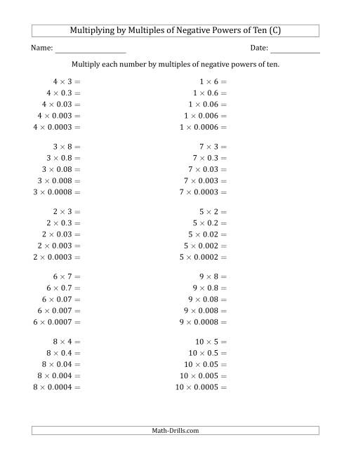 The Learning to Multiply Numbers (Range 1 to 10) by Multiples of Negative Powers of Ten in Standard Form (C) Math Worksheet