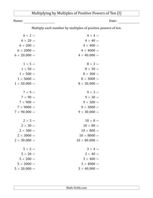 The Learning to Multiply Numbers (Range 1 to 10) by Multiples of Positive Powers of Ten in Standard Form (I) Math Worksheet