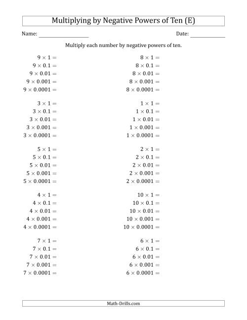 The Learning to Multiply Numbers (Range 1 to 10) by Negative Powers of Ten in Standard Form (E) Math Worksheet