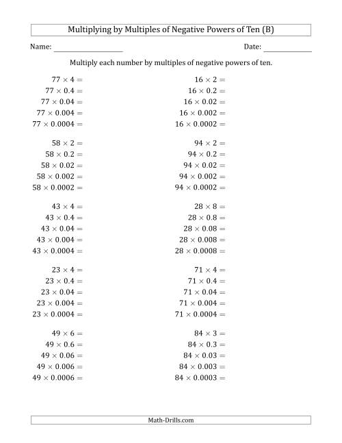 The Learning to Multiply Numbers (Range 10 to 99) by Multiples of Negative Powers of Ten in Standard Form (B) Math Worksheet