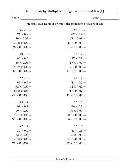 The Learning to Multiply Numbers (Range 10 to 99) by Multiples of Negative Powers of Ten in Standard Form (C) Math Worksheet