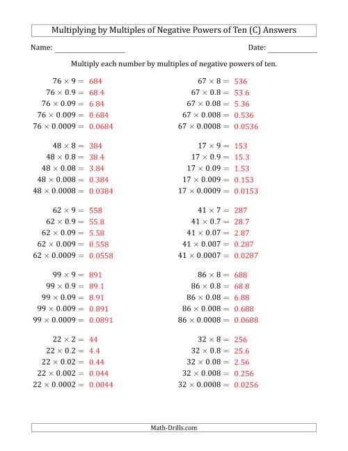 The Learning to Multiply Numbers (Range 10 to 99) by Multiples of Negative Powers of Ten in Standard Form (C) Math Worksheet Page 2