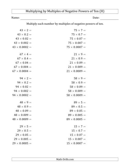 The Learning to Multiply Numbers (Range 10 to 99) by Multiples of Negative Powers of Ten in Standard Form (H) Math Worksheet