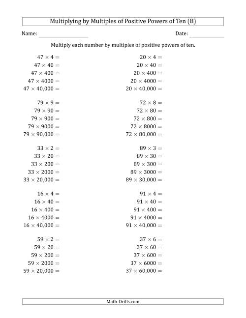 The Learning to Multiply Numbers (Range 10 to 99) by Multiples of Positive Powers of Ten in Standard Form (B) Math Worksheet