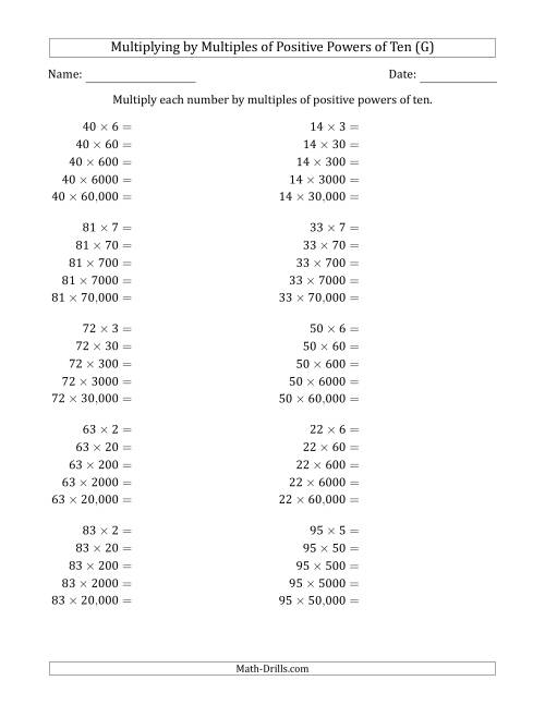 The Learning to Multiply Numbers (Range 10 to 99) by Multiples of Positive Powers of Ten in Standard Form (G) Math Worksheet