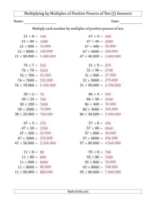The Learning to Multiply Numbers (Range 10 to 99) by Multiples of Positive Powers of Ten in Standard Form (J) Math Worksheet Page 2