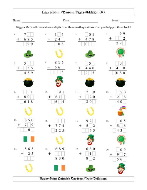 The Leprechaun Missing Digits Addition (Easier Version) (A) Math Worksheet