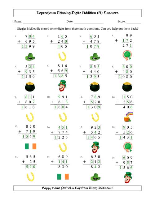 The Leprechaun Missing Digits Addition (Easier Version) (A) Math Worksheet Page 2