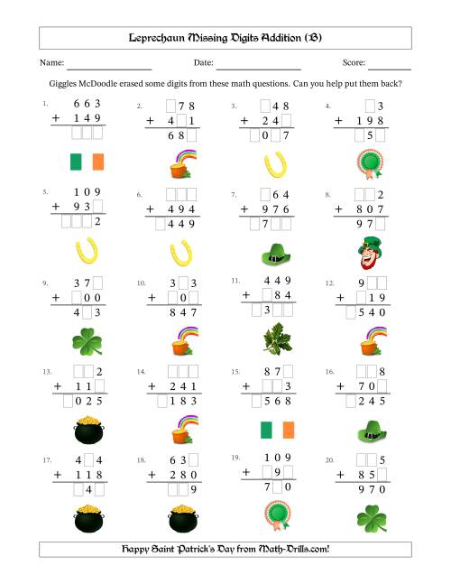The Leprechaun Missing Digits Addition (Easier Version) (B) Math Worksheet