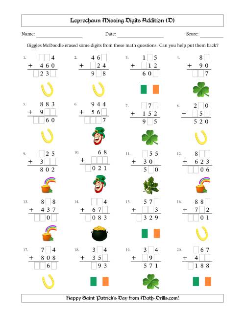 The Leprechaun Missing Digits Addition (Easier Version) (D) Math Worksheet