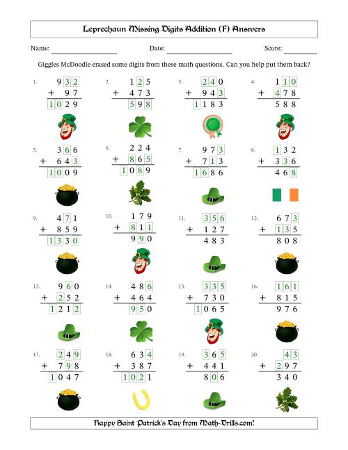 The Leprechaun Missing Digits Addition (Easier Version) (F) Math Worksheet Page 2