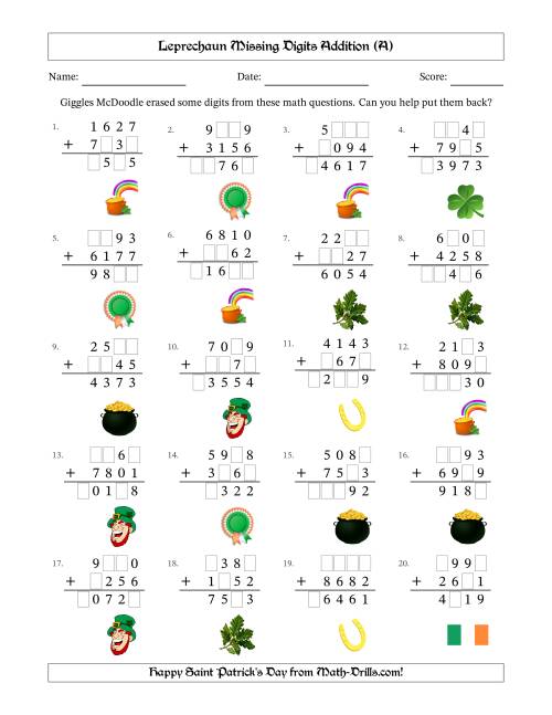 The Leprechaun Missing Digits Addition (Harder Version) (A) Math Worksheet