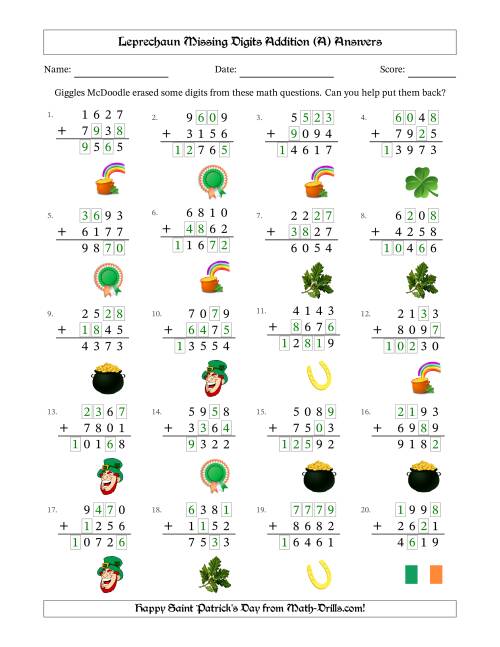 The Leprechaun Missing Digits Addition (Harder Version) (A) Math Worksheet Page 2