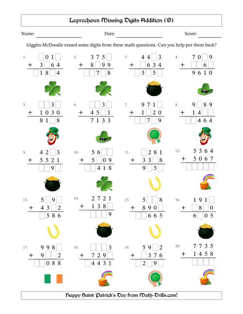 The Leprechaun Missing Digits Addition (Harder Version) (B) Math Worksheet