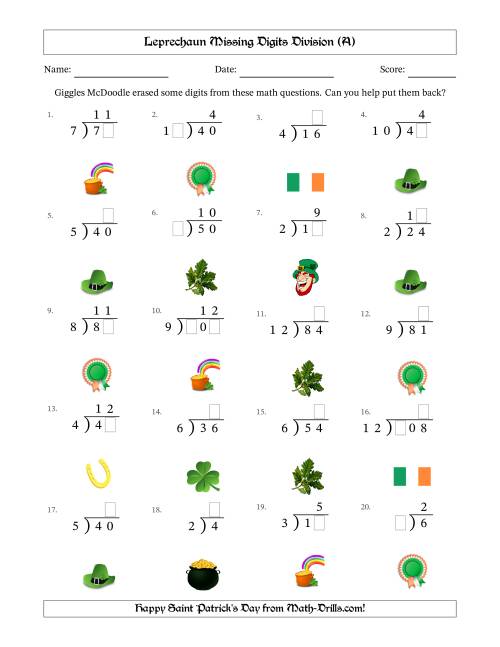 The Leprechaun Missing Digits Division (Easier Version) (A) Math Worksheet