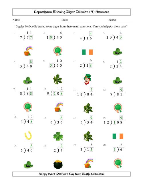 The Leprechaun Missing Digits Division (Easier Version) (A) Math Worksheet Page 2