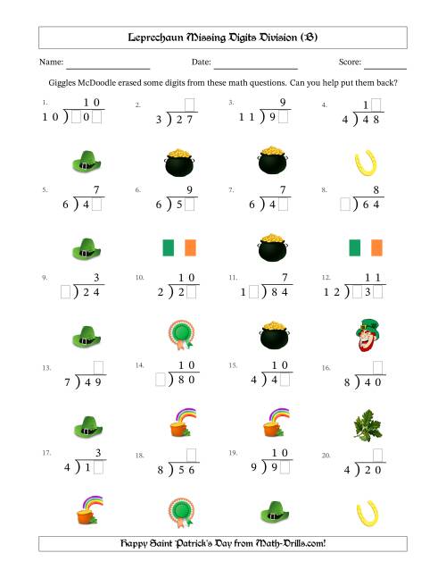 The Leprechaun Missing Digits Division (Easier Version) (B) Math Worksheet