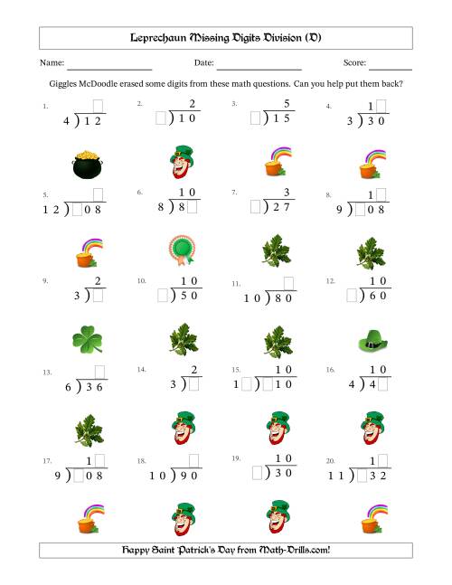 The Leprechaun Missing Digits Division (Easier Version) (D) Math Worksheet