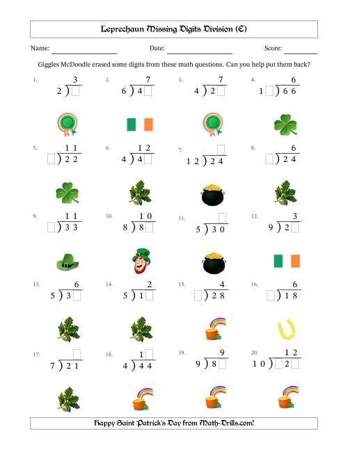 The Leprechaun Missing Digits Division (Easier Version) (E) Math Worksheet
