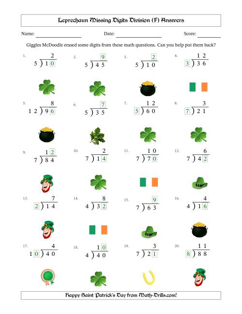 The Leprechaun Missing Digits Division (Easier Version) (F) Math Worksheet Page 2