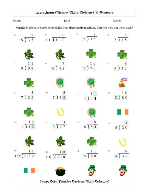 The Leprechaun Missing Digits Division (Easier Version) (H) Math Worksheet Page 2