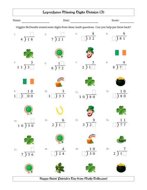 The Leprechaun Missing Digits Division (Easier Version) (I) Math Worksheet