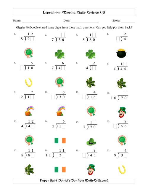 The Leprechaun Missing Digits Division (Easier Version) (J) Math Worksheet