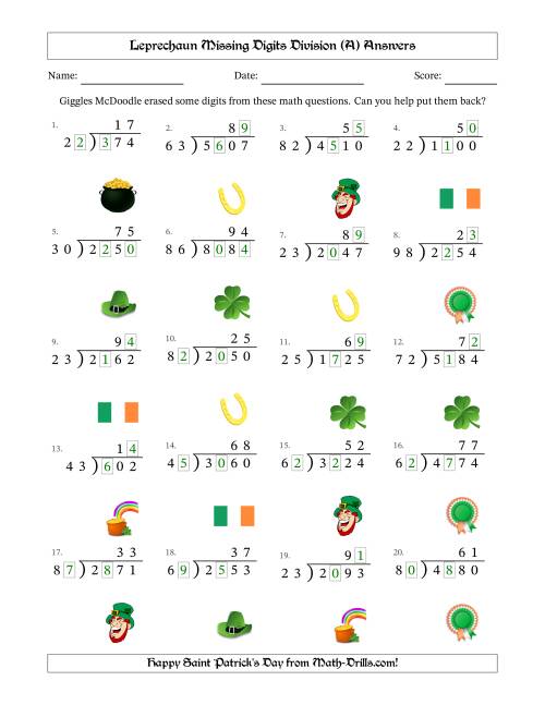 The Leprechaun Missing Digits Division (Harder Version) (A) Math Worksheet Page 2